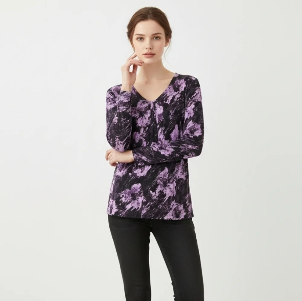 Apt. 9 Purple and Black Floral Long Sleeve Top